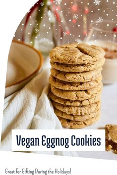 stack of vegan eggnog cookies. Gooey Peanut Butter Cookies, Loaded Peanut Butter Cookies, Oven Oatmeal, Egg Nog Cookies Recipe, Almond Butter Oatmeal, Cinnamon Oatmeal Cookies, Vegan Eggnog, Will Cook For Smiles, Butter Oatmeal Cookies