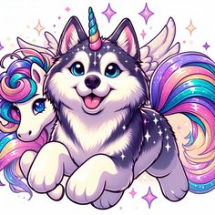 a husky dog laying next to a unicorn pony