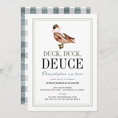 duck, duck, and deuce birthday party card on a marble table with grey stripes