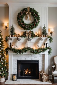 a fireplace decorated for christmas with wreaths and candles