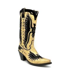 Women's handmade Eagle Western cowboy boot. Metallic gold cowhide leather with black suede eagle inlays, collar, piping and pull-straps. Metallic gold cowhide leather and black suede Black suede eagle inlays on vamp, tube and heel counter Handmade for us by artisans at Old Gringo 13" height Black lining Snip toe 3" fashion high heel Teak leather sole #walkinstrutout Western Women, Cowboy Boot, Western Cowboy Boots, Fashion High Heels, Western Cowboy, Metallic Gold, Cowhide Leather, Black Suede, Piping