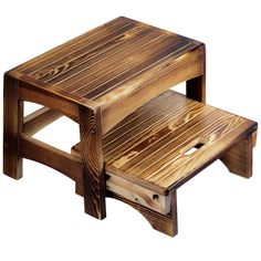 a wooden step stool sitting on top of a white background