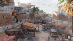 a man standing in the middle of a dirty city with lots of buildings and palm trees