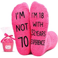 PRICES MAY VARY. BIRTHDAY GIFTS FOR WOMEN: These pink socks could be the perfect birthday gift for your mom, grandma, wife, aunt, sister in law, or female friend. GIFTS FOR HER: Say it with socks - "I'M NOT 70, I'M 18 WITH 52 YEARS EXPERIENCE." These are suitable for any holiday gifts, such as Birthday gifts, White Elephant gifts, Christmas gifts, Anniversary gifts, Mothers Day gifts. RETIRED GIFTS FOR WOMEN: Celebrate the milestone of turning 70 with our specially designed socks, perfect for re Elephant Gifts Christmas, 71st Birthday, 71 Birthday, Cupcake Packaging, Christmas Wedding Gifts, Fluffy Socks, Fuzzy Socks, The Perfect Birthday, Valentines Day Weddings