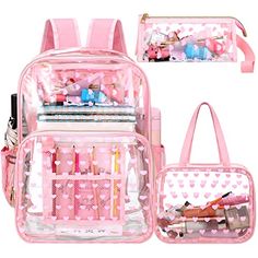 🤩 Shop and Save big on 3 Pieces Clear Backpack Stadium Approved Backpack for Girls Clear Stadium Backpack Set Clear Tote Backpack for Women, 16.9 x 12 x 6.5 Inch (Heart Style) from the department, and more from 🛍️ The Retail Market Clear Bookbag, Transparent Backpack, Clear Backpacks, Pink Lunch Bag, Aesthetic Backpack