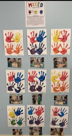 handprints are displayed on the wall in front of children's hands and pictures