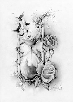 a drawing of roses and an hourglass with birds flying around it on a white background