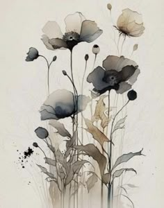 an abstract painting of flowers on a white background with black and grey colors, in the middle