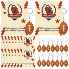 a football themed key chain and matching gift tags