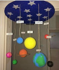 the solar system made out of paper and string with stars hanging from it's sides