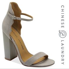 Chinese Laundry “Sea Breeze” Sandal These Grey Heels Are Lovely And Feminine, W/Microfiber Suede Toe Band And Scalloped High Rise Heel Cup/Back. Ankle Strap Block Heel - Sturdy Scalloped Micro-Suede - Like Designer Chloe Skinny Ankle Strap Adjusts Via Silver Buckle/Hardware Block Heel In Darker Grey Finishes The Look - 4.25" Tall Cushioned Insole Felted Rubber Sole Has Nonskid Markings No Flaws/Defects/Imperfections Worn Indoors For A Couple Hours @ Bridal Shower Compliment Grabber! Eur 40 Gray Open Toe Summer Heels, Gray Open Toe Heels For Summer, Chic Gray Summer Heels, Chic Gray Heels For Summer, Gray Closed Toe Heels For Summer, Grey Heels, Ankle Strap Block Heel, Chinese Laundry Shoes, Chinese Laundry