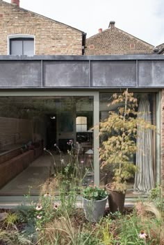 an open patio with potted plants in the foreground and brick buildings in the background