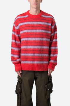 the Striped Mohair Sweater is a custom striped knit sweater that is constructed from a synthetic blend yarn and features a standard fit, and is finished in a brushed exterior texture. details classic fit 60% cotton 40% acrylic model is 6’1, 140 lbs and wears a size medium washing instructions: due to the fabric content Knit Crew Neck Sweater With Horizontal Stripes, Knit Sweater With Horizontal Stripes And Crew Neck, Striped Wool Sweater With Crew Neck, Casual Mohair Sweater With Ribbed Cuffs, Striped Wool Crew Neck Sweater, Casual Winter Sweater With Vertical Stripes, Casual Red Mohair Sweater, Exterior Texture, Layered Hoodie