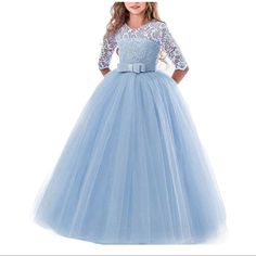 Flower Girls Lace & Tulle 3/4 Sleeve Ball Gowns, Birthday Dress 160 - Sz 11/12 Yr Old Condition Is New With Tags. Beautiful Lace Detailing, Cotton Lining, 3/4 Sleeves. Layered Tulle Skirt Dress For Kids 11-12 Wedding Blue, Blue Prom Gown, Flower Party Dress, Gown Princess, Ball Gowns Princess, Prom Ball Gown, Long Sleeve Gown, Girl Princess Dress, Pageant Dress