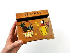 This is an adorable wood recipe box illustrated with a fruit basket and wine. Made in Japan, it likely dates to the 1960s. File Box, Card Files, Recipe Box, Fruit Basket, Recipe Cards, Japan