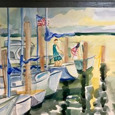 a watercolor painting of boats docked at a pier with an american flag on it