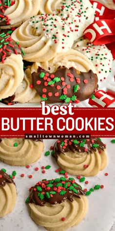 the best butter cookies with chocolate frosting and sprinkles are on display