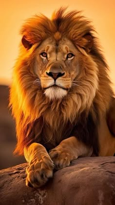 a lion sitting on top of a rock with the sun setting in the back ground