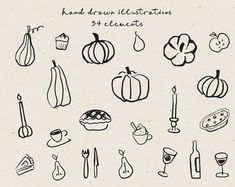 a bunch of hand drawn elements are arranged in the shape of pumpkins, apples, and other things