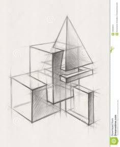 a pencil drawing of an abstract structure with cubes and boxes on white paper background