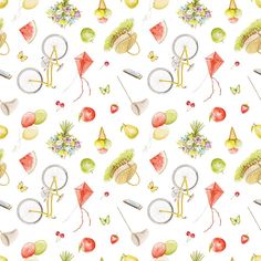 a watercolor pattern with various items on it