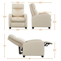 the reclining chair and ottoman are shown with measurements for each seat, which is upholstered