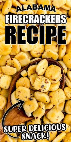 a wooden spoon filled with sliced bananas on top of a pile of other foods and the words, firecrackers recipe super delicious snack