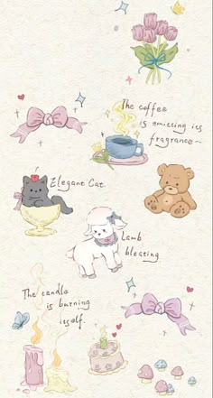 a card with different types of teddy bears and cakes on it's back side