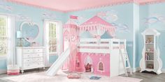 Tuck your child into the bed of their dreams with the Fairytale loft bed from our Disney Princess collection. This adorable loft features a beautiful white finish and a pink tent underneath and above to help your little feel like royalty. This bed comes complete with a slide, tower attachment and ladder.  Twin mattress and foundation (if required) sold separately. Princess Loft Bed, Elevated Bed Frame, Princess Bunk Beds, Princess Furniture, Disney Princess Bedroom, White Loft Bed, Disney Princess Collection, Pink Tent, Castle Bed