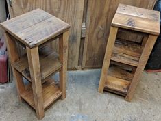 two wooden tables sitting next to each other