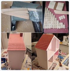 four different views of some kind of house made out of wood and plastic bricks,