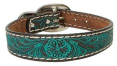 a green and white leather dog collar with floral design