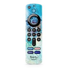 a remote control is shown with the word fire tv on it's side and an image of a sea turtle