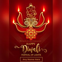 happy diwali festival of lights on red background with gold lettering and decorative elements