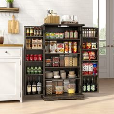 an open pantry with lots of food in it