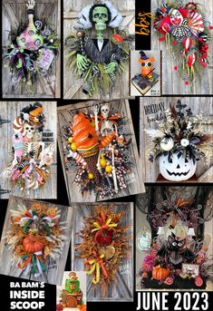 a collage of halloween wreaths and decorations on display in front of a wooden door