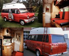 four different pictures show the interior and exterior of an old camper van, including a kitchen, living room, and bedroom