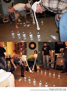 people are playing with water bottles in the living room and on the floor while others watch