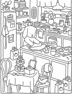 a black and white drawing of a kitchen with a teddy bear cooking in the oven