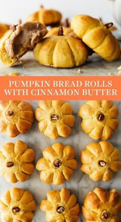 pumpkin bread rolls with cinnamon butter on a marble counter top and in the background there are other croissants