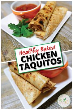 healthy baked chicken taquitass on white plates