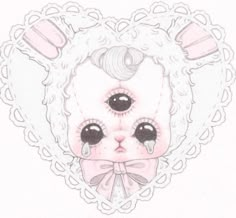 a drawing of a white teddy bear with black eyes and curly hair wearing a pink bow