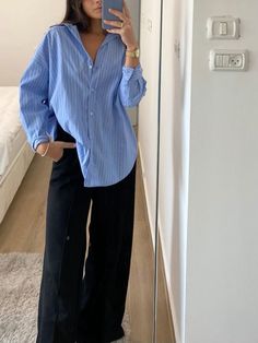 Dark Blue Linen Pants Outfit, Outfits With Shirts Women, Outfit Chemise Bleu, Modest Summer Outfits Aesthetic Casual, Causal Outfits 2024, Corporate Summer Outfits, Summer Internship Outfit, Corporate Outfits Summer, Modest Outfit Aesthetic