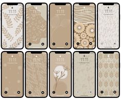 six cell phones with floral designs on them, all showing the same phone screen size