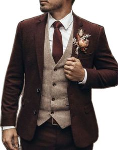 Brown Three-piece Suit With Notch Lapel For Wedding, Brown Notch Lapel Three-piece Suit For Wedding, Tailored Wool Wedding Blazer, Wool Tailored Blazer For Wedding, Fall Wedding Tweed Jacket, Brown Three-piece Suit For Groom, Brown Three-piece Wedding Suit, Brown Three-piece Suit For Groom With Suit Collar, Brown Three-piece Suit With Suit Collar For Groom