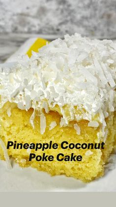 a piece of pineapple coconut poke cake on a plate