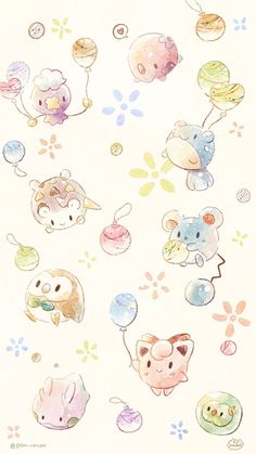 an animal themed wallpaper with many different animals on it's back and some balloons in the air