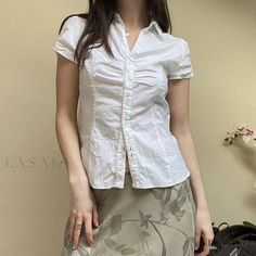 Lasaky - Solid Color Pleated Short Sleeve Shirt with Simple Cardigan Style, Button Closure, Waist Tie, Fold-Over Collar, Casual Top Korean Button Up Shirt Outfit, Y2k Blouse Outfit, Form Outfits, Concert Fit, Sixth Form, Y2k Women, Vintage Crop Tops, School Clothes, Shirt Y2k