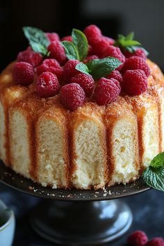 a cake with raspberries and mint leaves on top is sitting on a plate