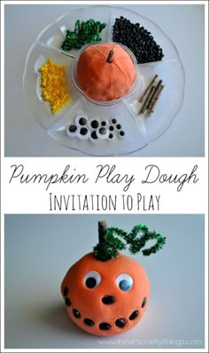 a pumpkin play dough station with buttons and beads on the plate, along with other items to make it